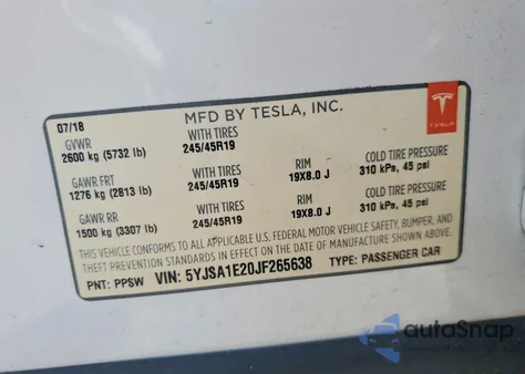 2018 Tesla Model S z USA, uszkodzony, nr VIN 5YJSA1E20JF265638